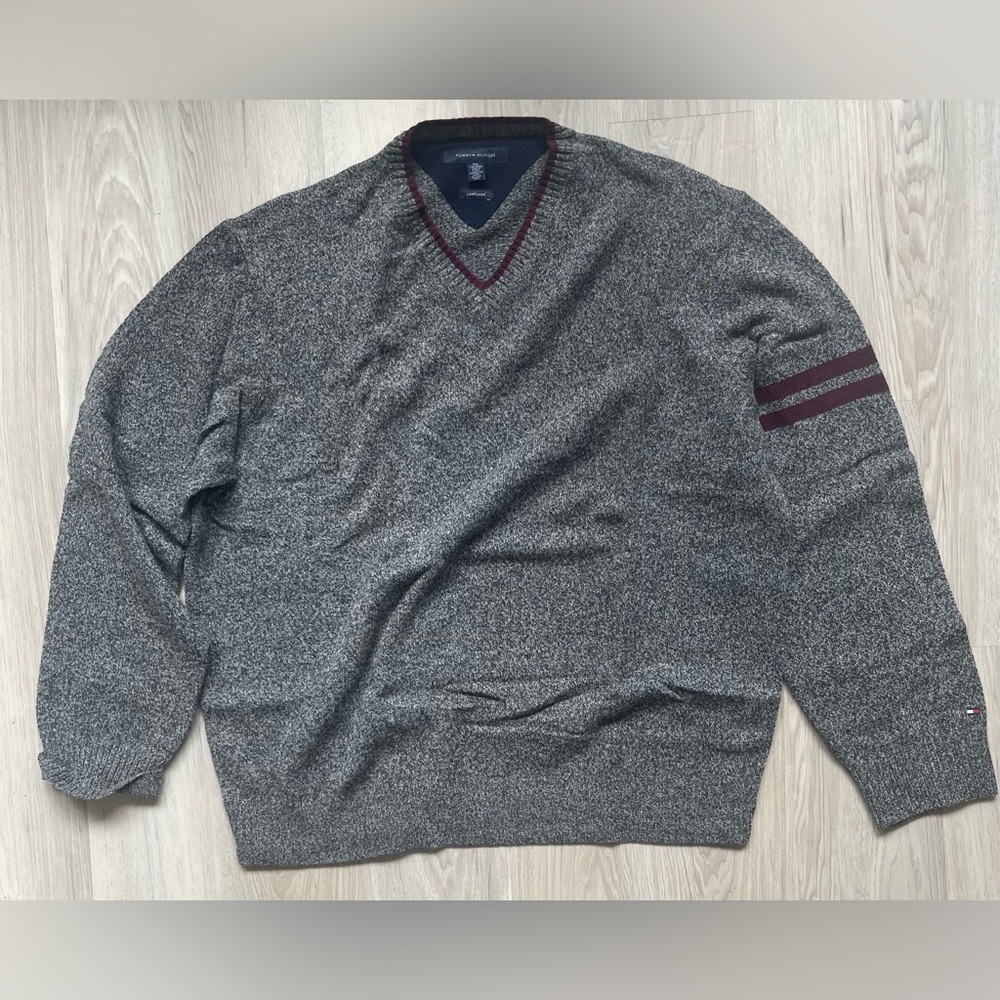 Lakewood v-neck grey and maroon Tommy Hilfiger varsity sweater
